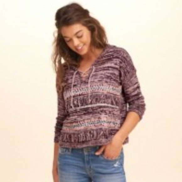 Hollister Baja Textured Fringe Pullover V-Neck Hooded L/S Sweater Size S - Picture 1 of 9